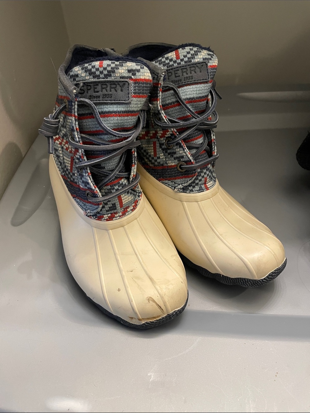 Sperry Cream Duck Boots with Gray and Red Patterned Upper